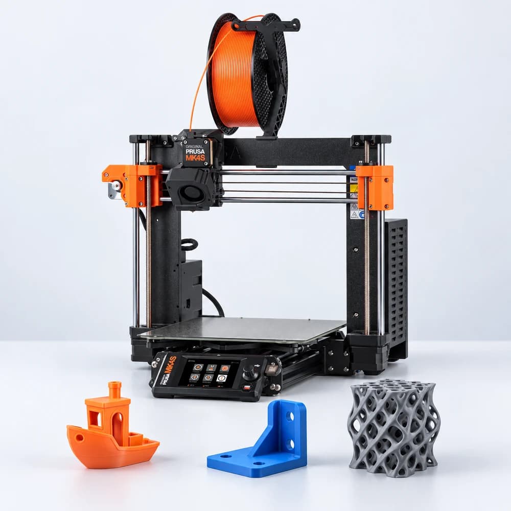 A Prusa MK4S with simple and more intricate example prints.