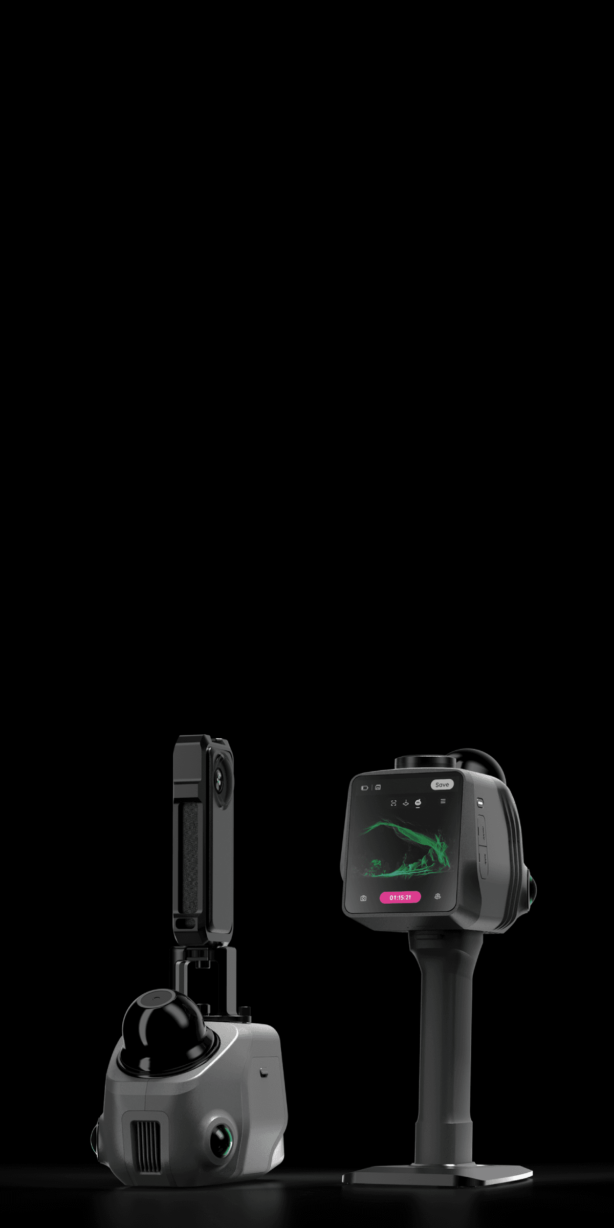Front and back view of 3DMakerpro Raven handheld LiDAR scanner, showing its grip handle and rear display screen.
