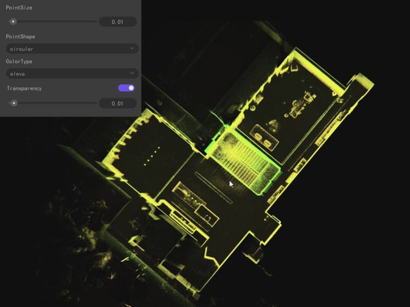 Video of RayStudio visualization tools adjusting point cloud setings to inspect detailed 3D house interiors.