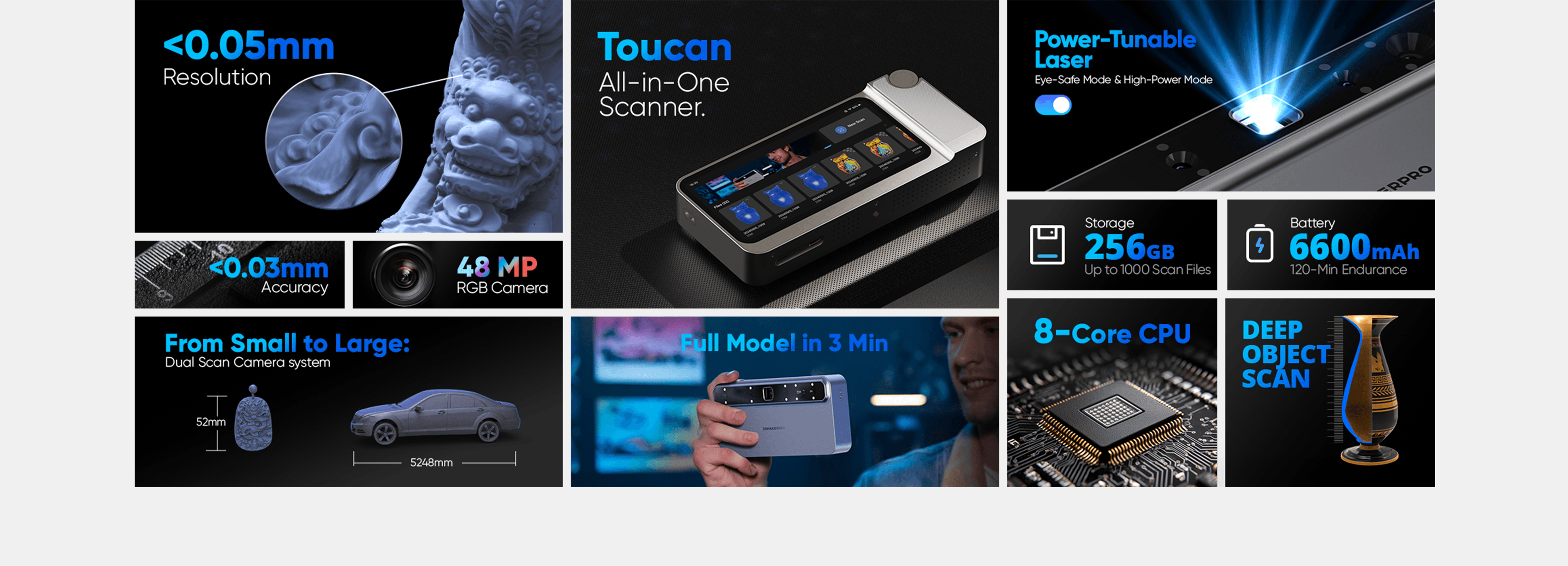 Toucan 3D scanner specs overview: 0.03mm accuracy, 48MP camera, and versatile dual-camera system for small to large objects.