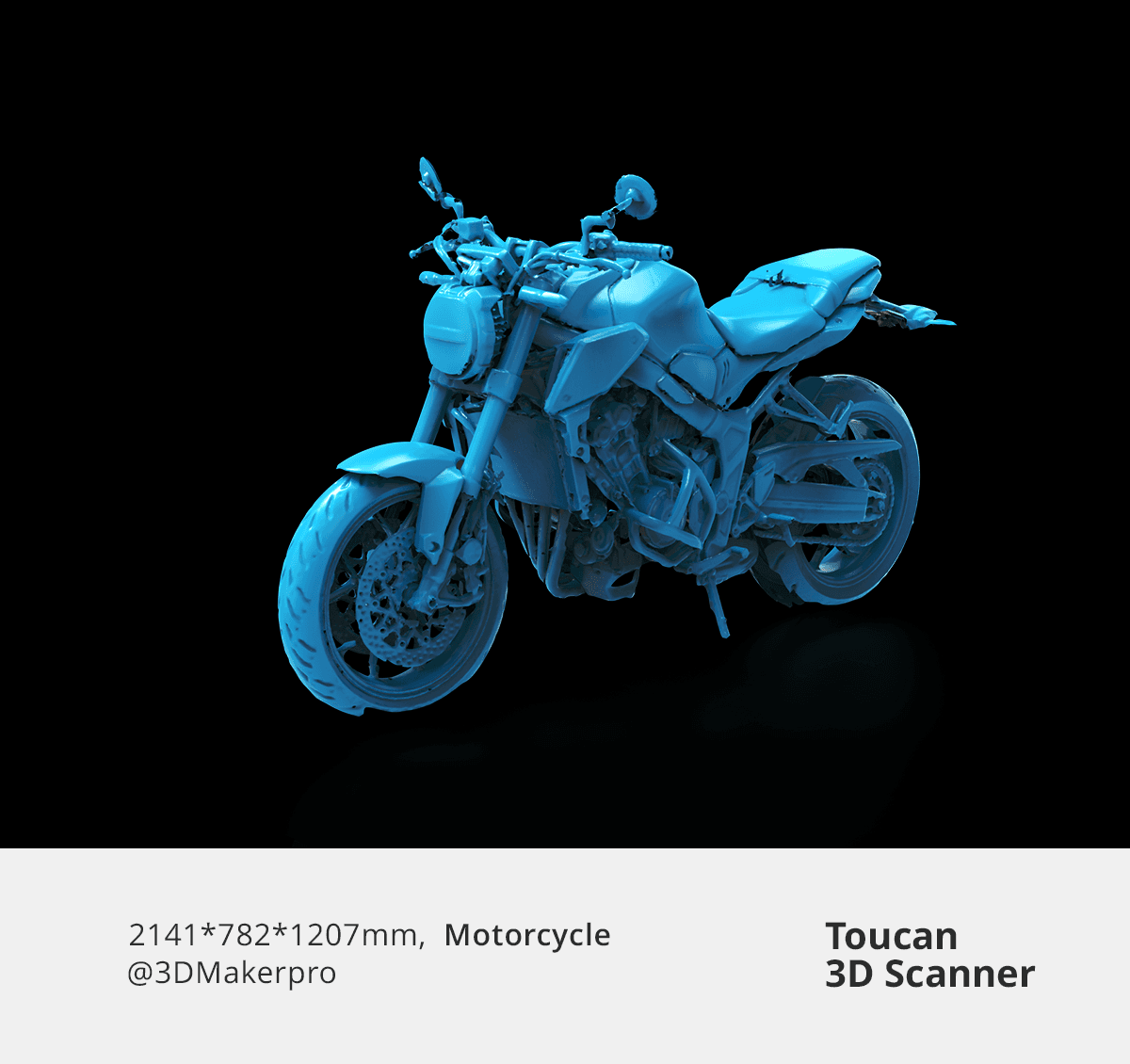 Large-scale 3D scan of a motorcycle model demonstrating Toucan's versatility.