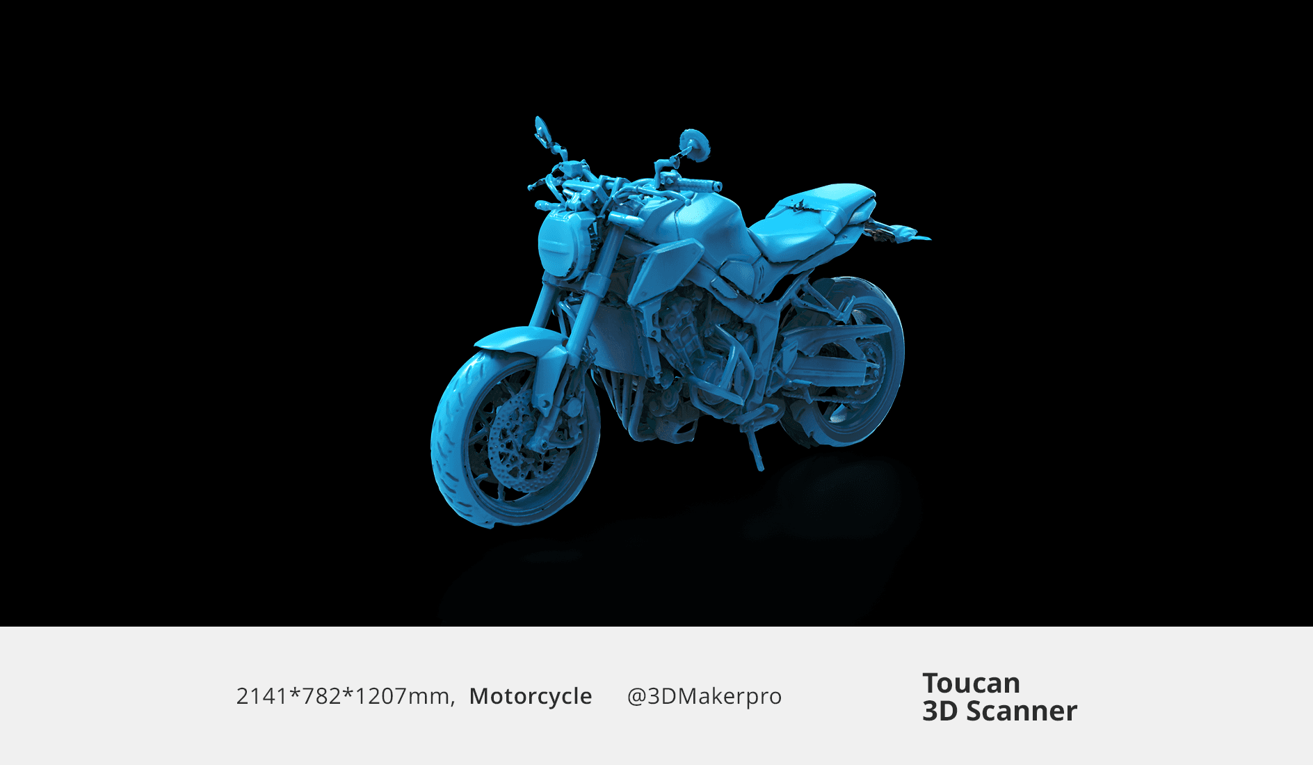 Large-scale 3D scan of a motorcycle model demonstrating Toucan's versatility.