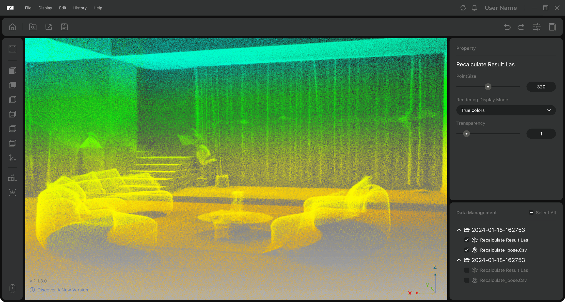 Eagle post-processing software interface for 3D point cloud editing, supporting export in PLY, OBJ, and Gaussian formats.
