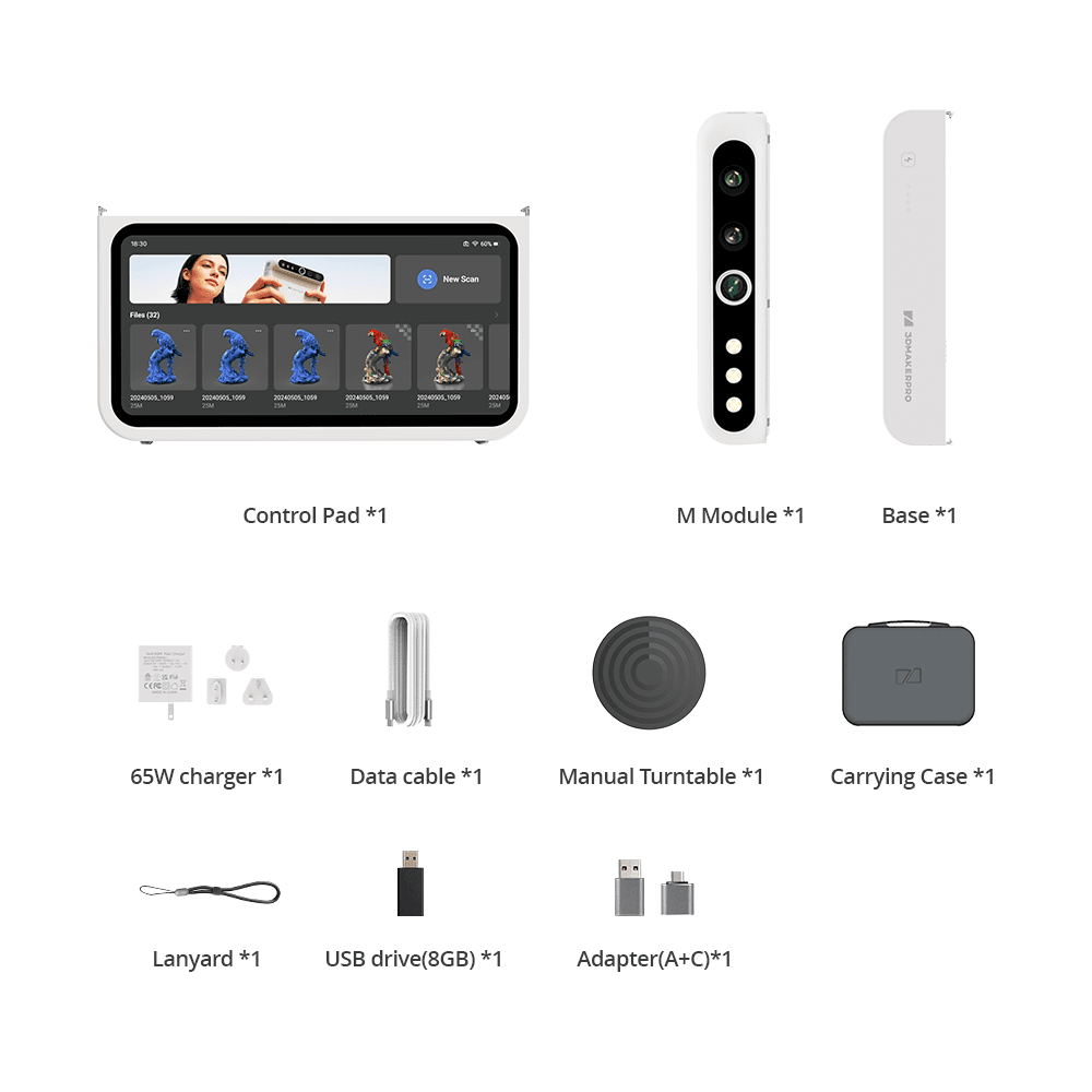 Turtle Premium Kit: Control Pad, M module, battery base, 65W charger, data cable, turntable, case, lanyard, and USB drive.